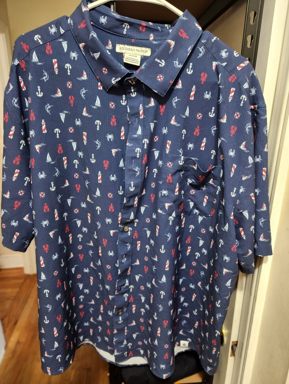 Southern Proper Navy Shirt with Red & White Nautical Motifs